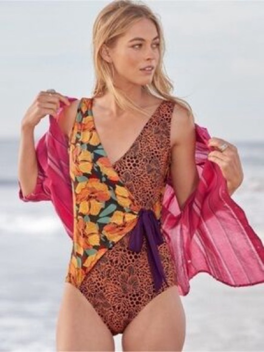 Sundance One Piece Swimsuit Floral Mixed Print Side Tie